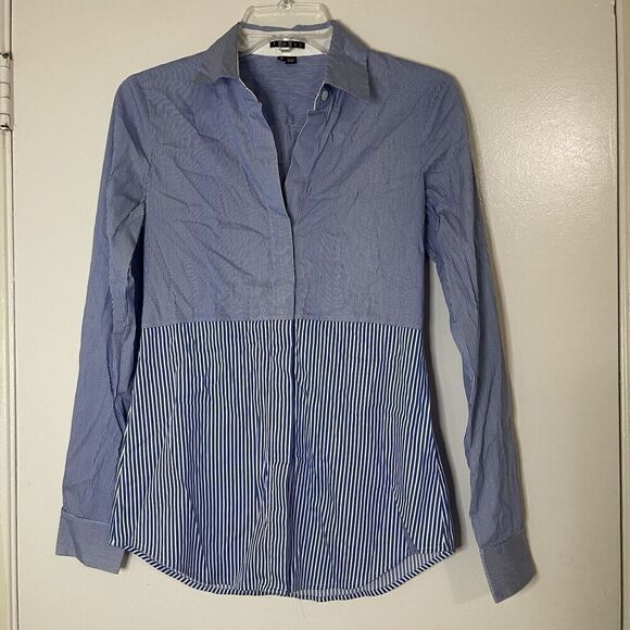 THEORY blue pinstripe button down collar blouse top size XS - Picture 1 of 4